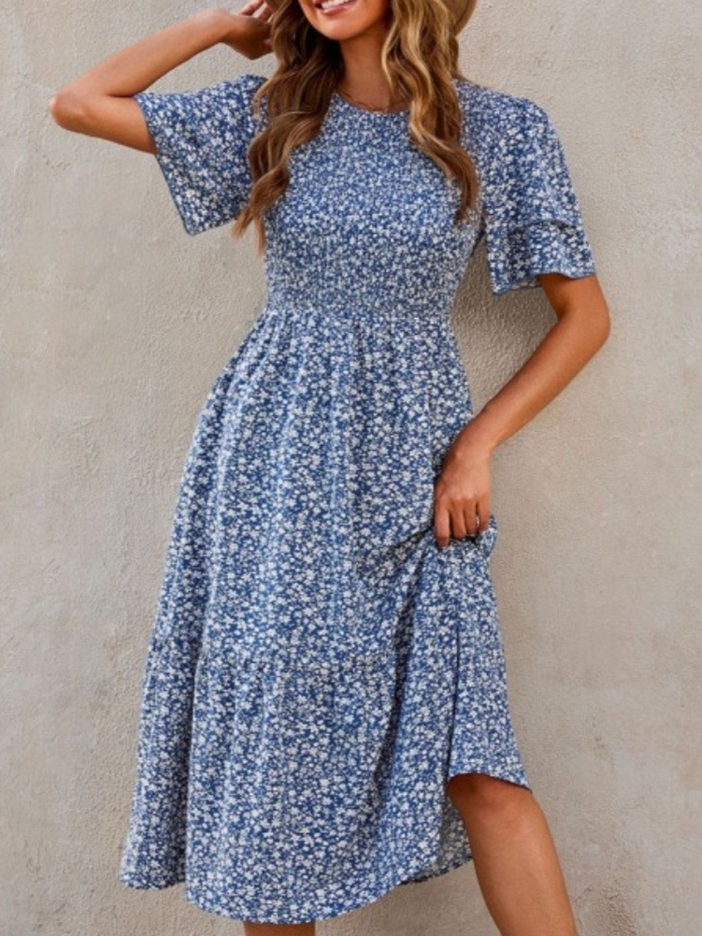 Blue Floral Midi Dress - Women's Casual Summer Dress